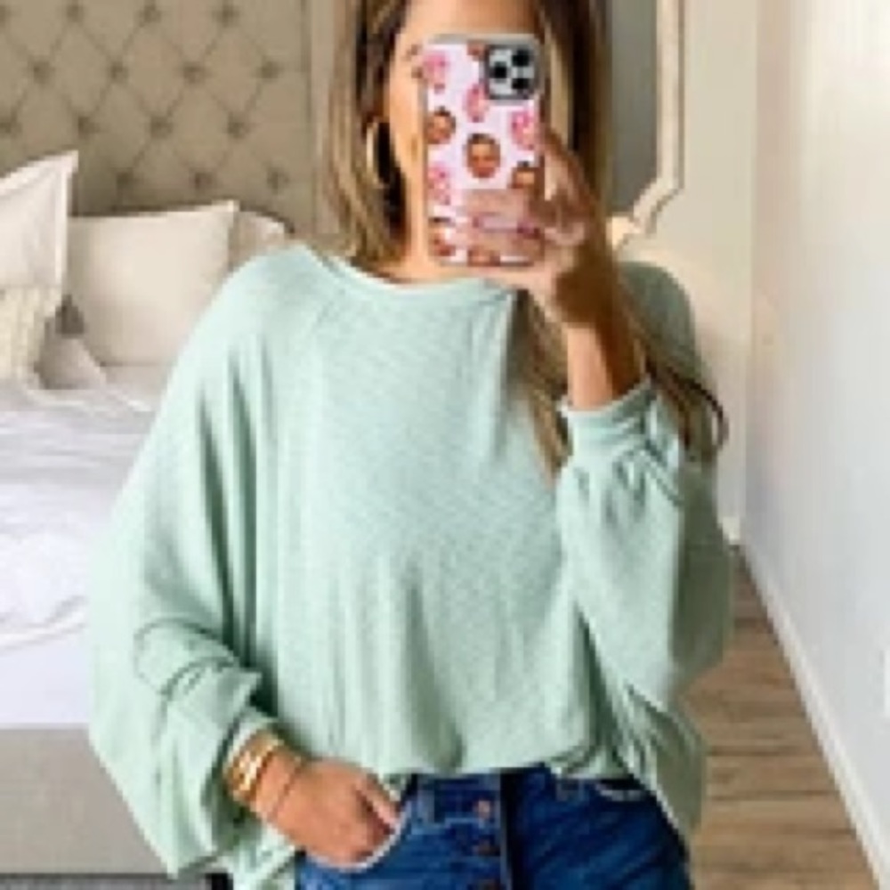 Talulah Long Sleeve Blue Green Waffle Knit Shirt